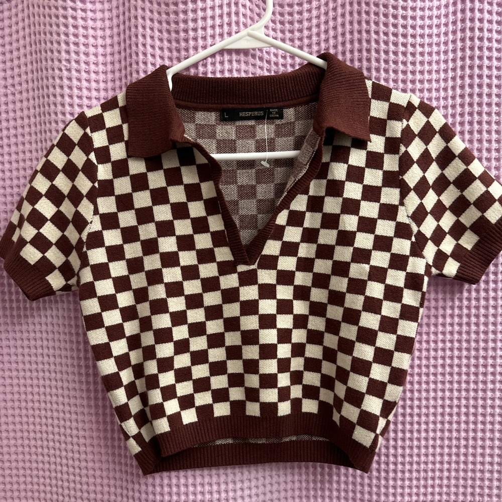 Cropped Checkered Short Sleeve Sweater